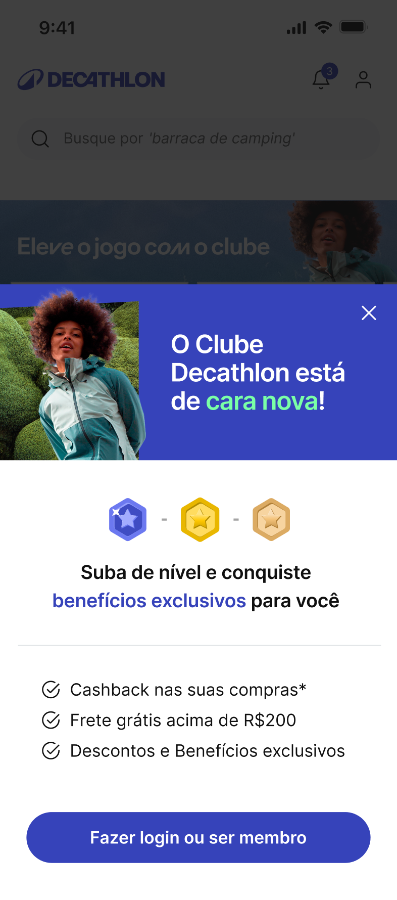 Tela de login do aplicativo Decathlon